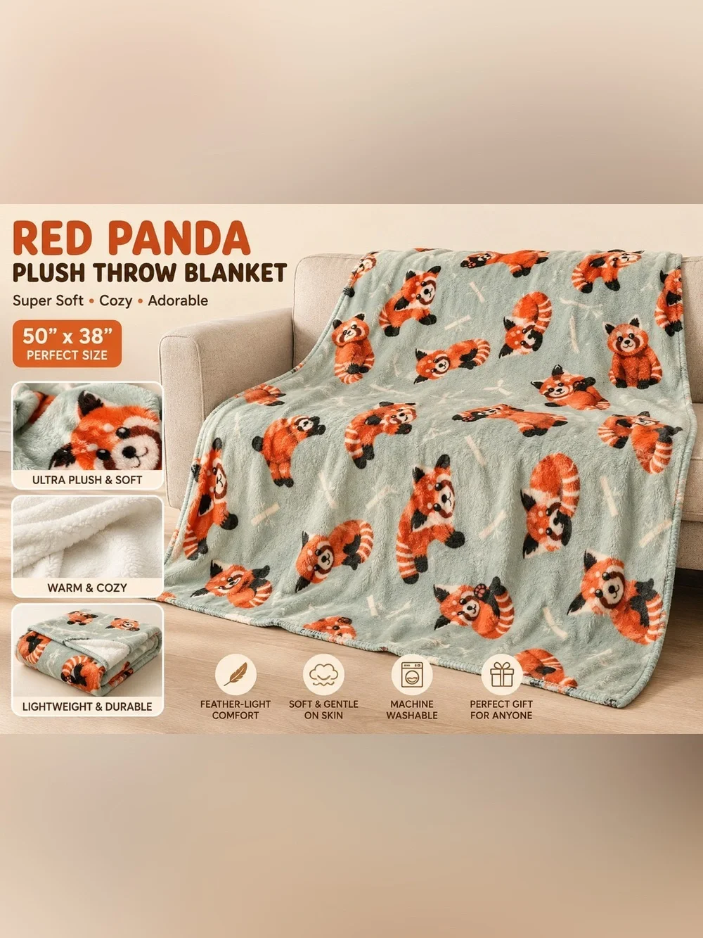Red Panda Plush Throw Blanket - Cozy Cream & Orange Design Very soft 50”x38”